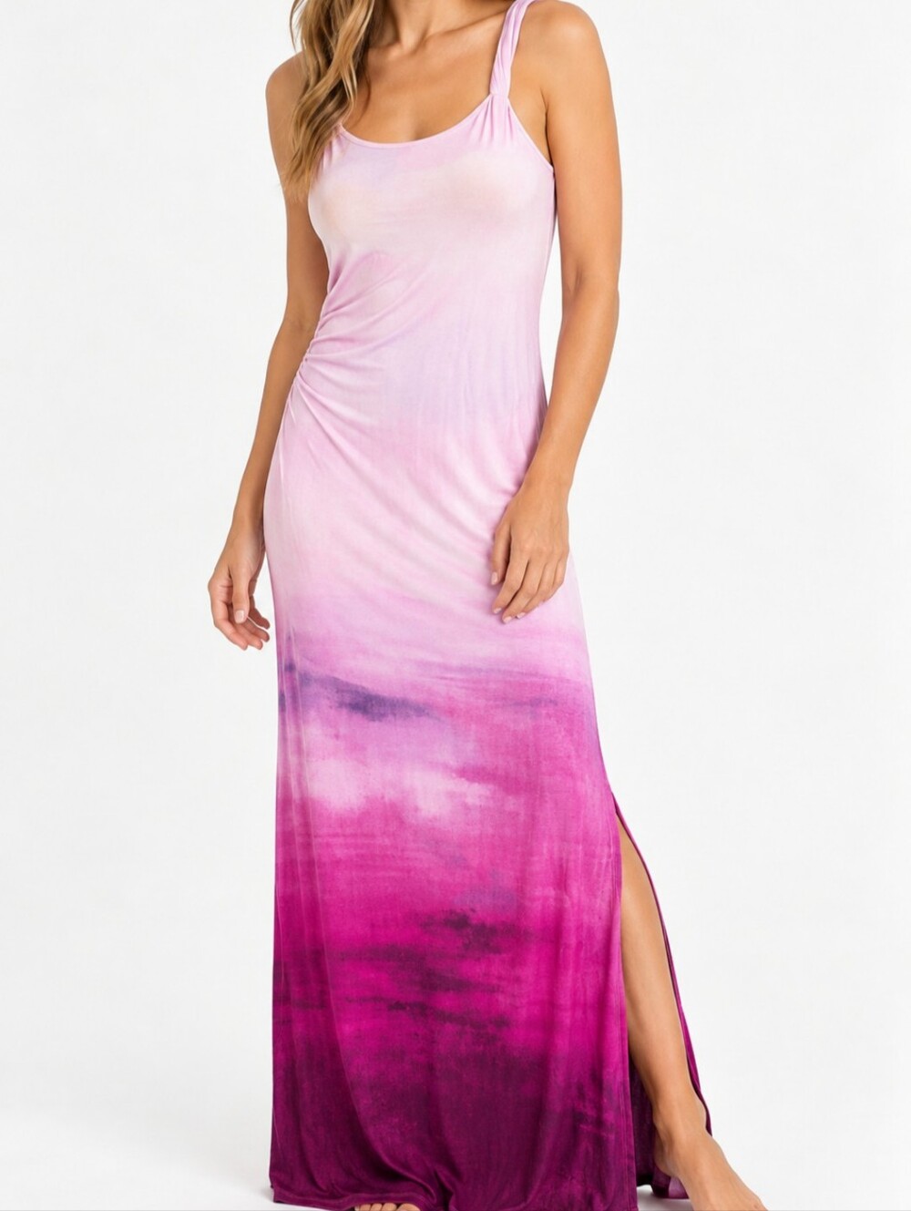 Soma NWOT XS Soft Jersey Knit Twist Strap Maxi Gradient Ombre Purple Pink Gold
